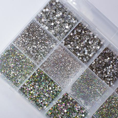 Big Box Diamonds in organized compartments with AB & Crystal Silver rhinestones, sizes SS3 to SS16.