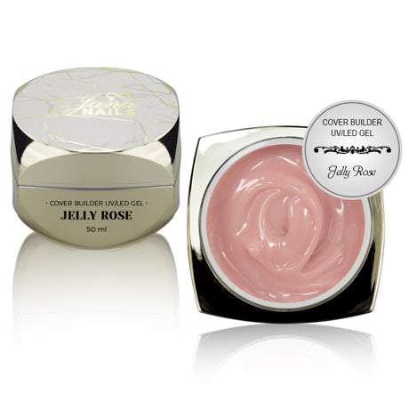 Jelly Rose 50 ml cover builder gel in a stylish container, natural pink color.