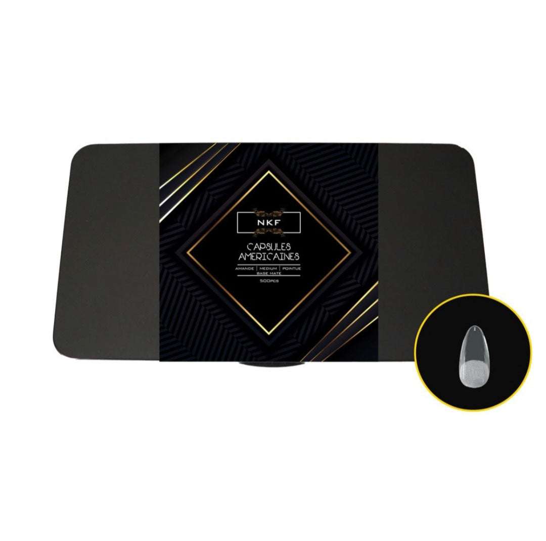 Natural Amande Pointue Medium MATE BASE NKF soft gel tips box with clear matte finish, 500 units.