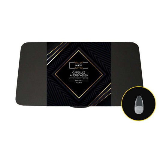 Natural Amande Pointue Medium MATE BASE NKF soft gel tips box with clear matte finish, 500 units.