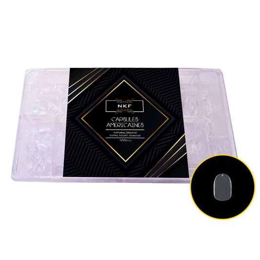 Natural Round Extra Court NKF soft gel nail tips, 500 clear tips for easy and fast nail extension, multiple sizes available, high-quality durable material.