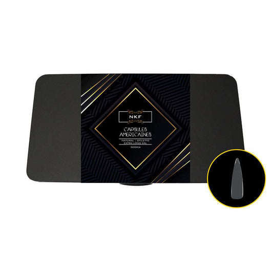 Natural Stiletto XXL soft gel nail tips packaging by NKF, featuring extra-long stiletto design in clear, 500 count.
