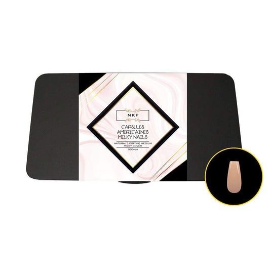 Milky Cover Natural Coffin Medium soft gel nail tips for American method, pre-colored, 500 pieces.