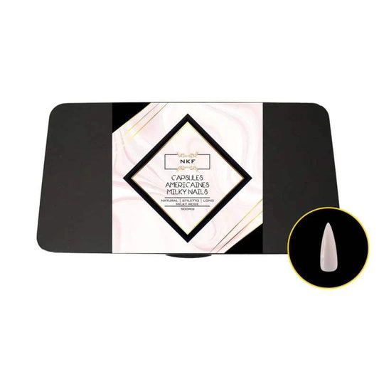 Natural Stiletto Long Milky Rose soft gel nail tips packaging.