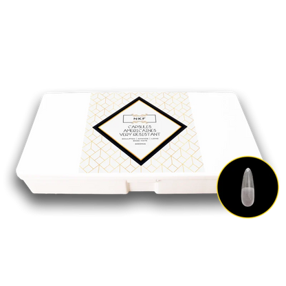 Very Resistent Sculpted Amande Long Base Mate nail capsules box with a close-up of a single capsule.