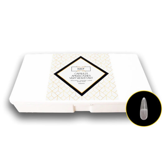 Very Resistent Sculpted Amande Long Base Mate nail capsules box with a close-up of a single capsule.