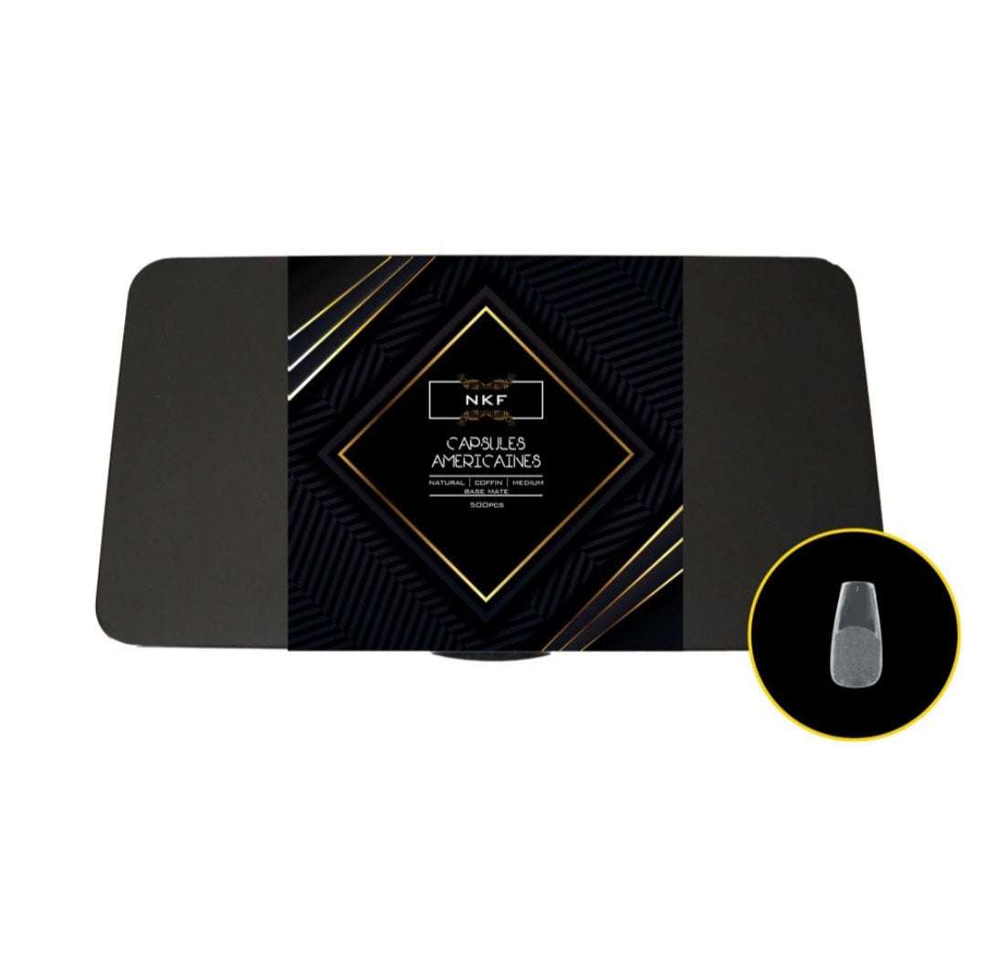 Natural Coffin Medium MATE BASE NKF soft gel tips with matte base in black packaging for American nail method.