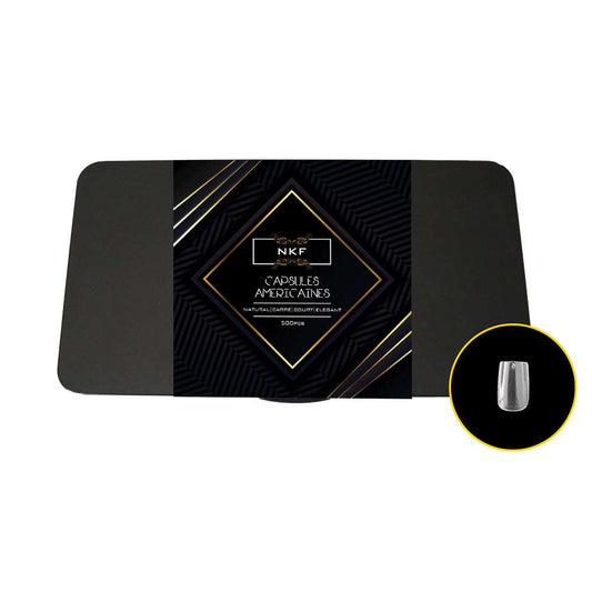 Natural Square Court Elegant NKF soft gel nail tips box with clear capsules for professional nail extensions.