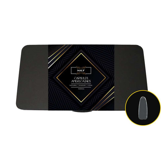 Natural Amande Long NKF soft gel tips for easy nail extensions, 500 clear gel capsules.