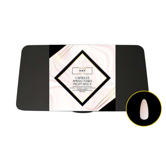 Milky Rose Natural Amande Pointue Medium soft gel tips for nail extensions, 500 pack in elegant packaging.