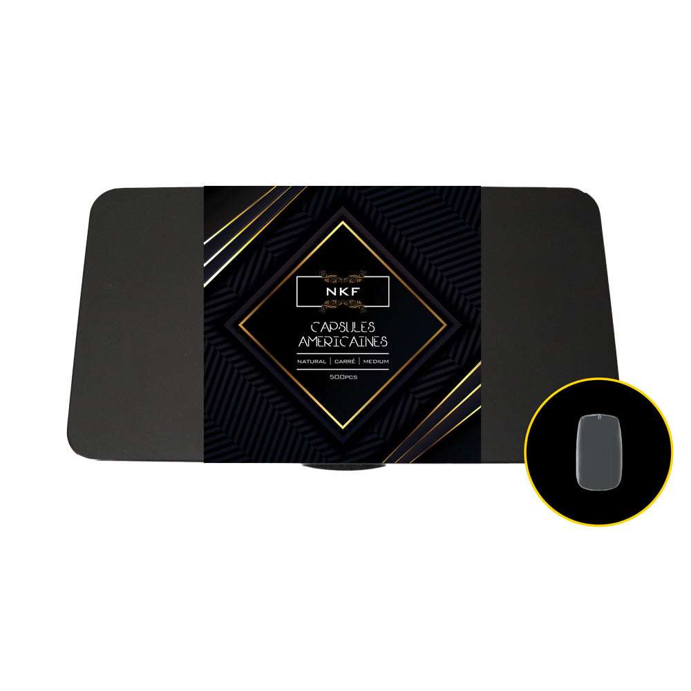 Natural Square Medium NKF soft gel nail tips box with 500 pieces, clear color.