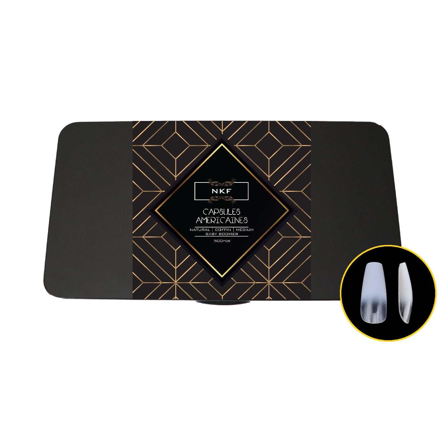 Babyboomer Natural Coffin Medium Soft Gel Tips in black packaging with insert showing clear gel nail tips.